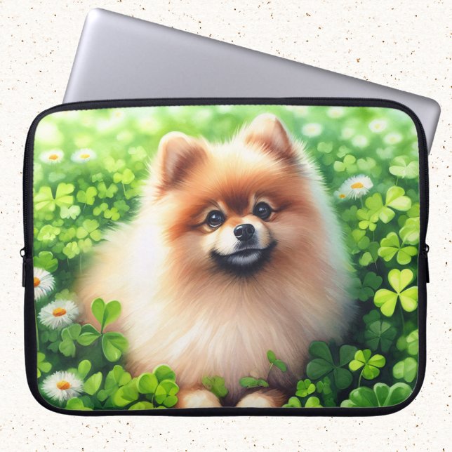 Watercolor Pomeranian Green Shamrock Field Laptop Sleeve (Creator Uploaded)