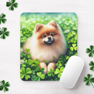Watercolor Pomeranian Green Shamrock Field Mouse Pad