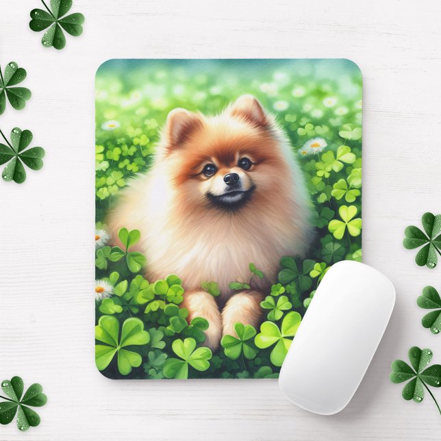 Watercolor Pomeranian Green Shamrock Field Mouse Pad (Creator Uploaded)