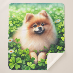 Watercolor Pomeranian Green Shamrock Field Sherpa Blanket