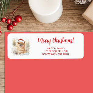 Watercolor Pomeranian in Santa Hat Merry Christmas Return Address Label