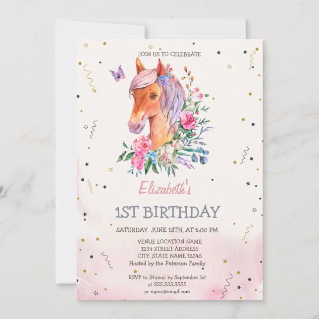 Watercolor Pony Flowers Birthday  Invitation (Front)