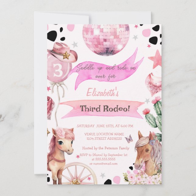  Watercolor Pony Rodeo Polka Dots 3rd Birthday  Invitation (Front)