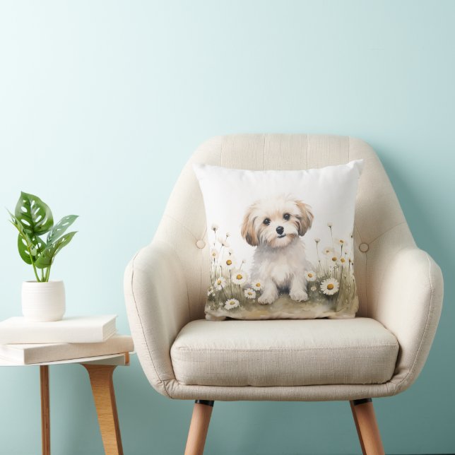 Watercolor Poodle Dog In Daisies Cushion (Chair)