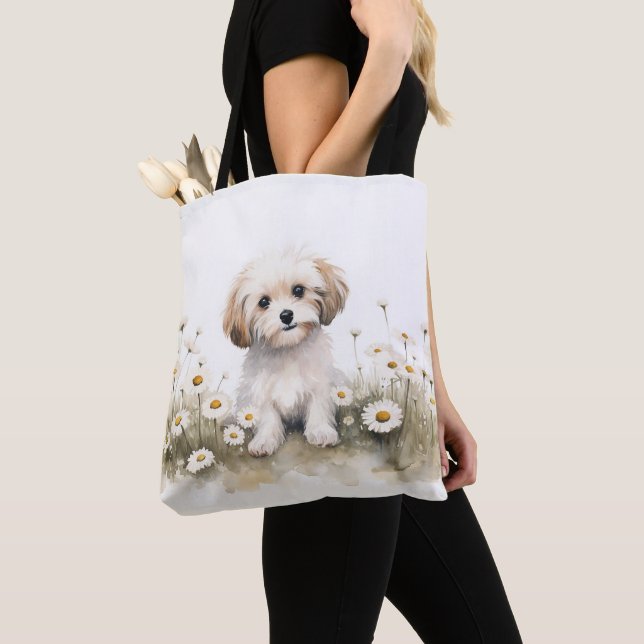 Watercolor Poodle Dog In Daisies Tote Bag (Close Up)
