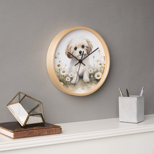 Watercolor Poodle In Daisies Clock (Office)