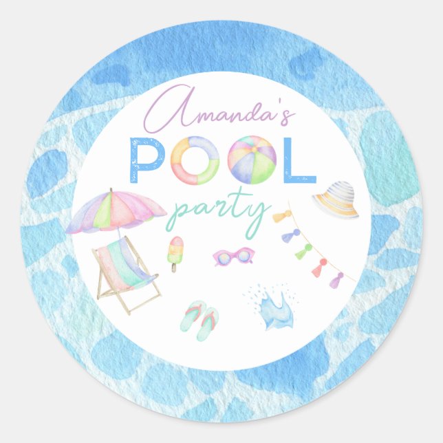 Watercolor Pool Birthday Party Pool Swimming  Classic Round Sticker (Front)