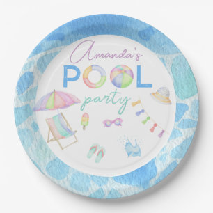 Watercolor Pool Birthday Party Pool Swimming Paper Plate