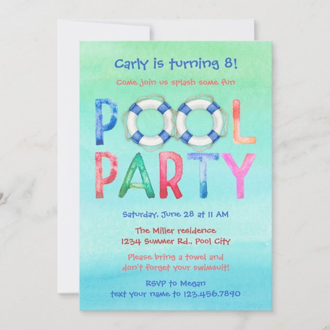 Watercolor Pool Party Birthday Invitation (Front)