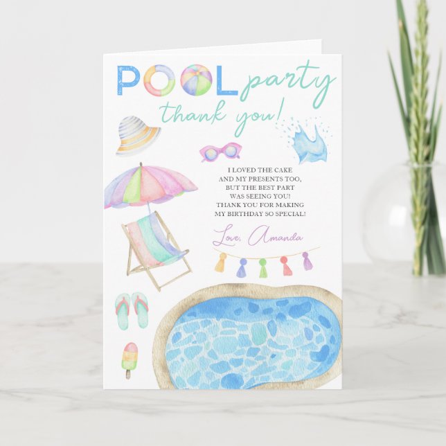 Watercolor Pool Party Birthday Thank you (Front)