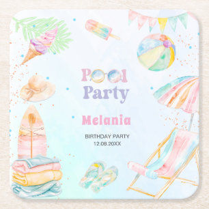 Watercolor pool party birthdaysummer Paper Pla Square Paper Coaster