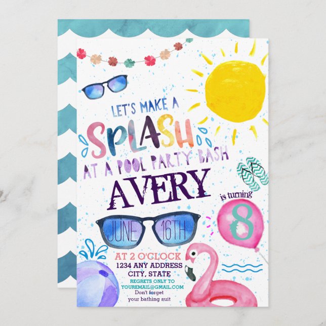 Watercolor Pool Party Invitation (Front/Back)