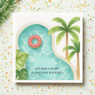 Watercolor Pool Party Kids Summer Birthday Napkin