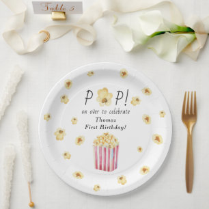 Watercolor Popcorn Kids Birthday Party Paper Plate