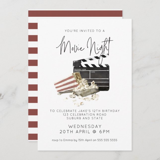 Watercolor Popcorn Movie Night Birthday Invitation (Front/Back)