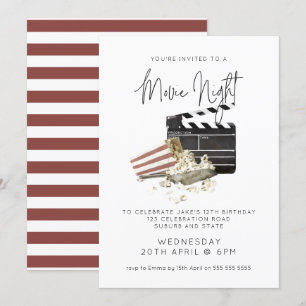 Watercolor Popcorn Movie Night Birthday Invitation