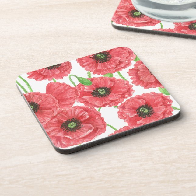 Watercolor poppies floral pattern coaster (Left Side)