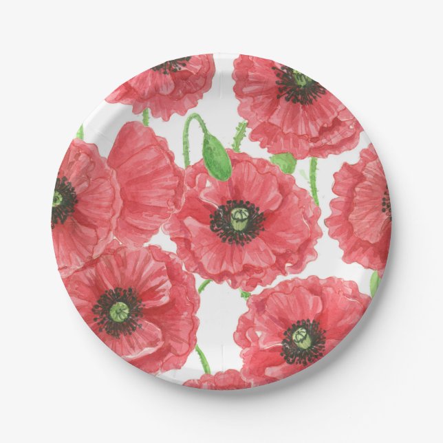 Watercolor poppies floral pattern paper plate (Front)