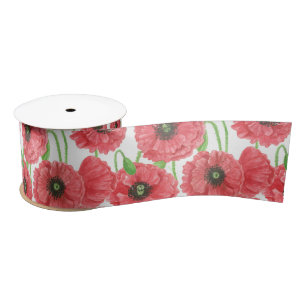 Watercolor poppies floral pattern satin ribbon