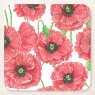 Watercolor poppies floral pattern square paper coaster