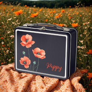 Watercolor Poppies Name Floral Metal Lunch Box