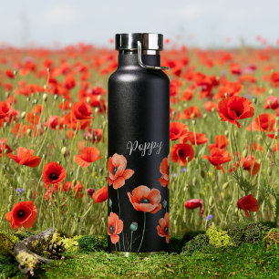 Watercolor Poppies Name Floral Water Bottle