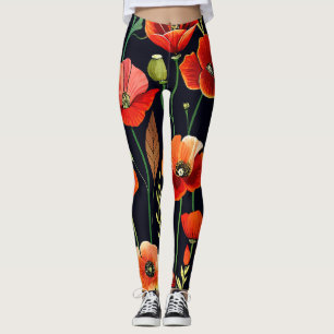 Watercolor Poppies on Black Leggings