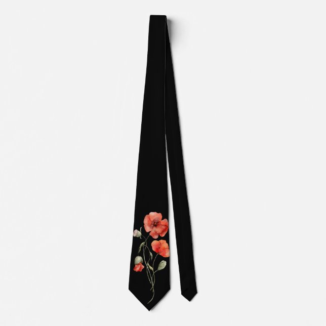 Watercolor Poppies on Black  Tie (Front)