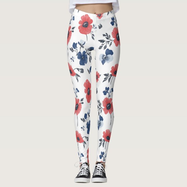 Watercolor Poppies Pattern – Red, Blue & White (2) Leggings (Front)