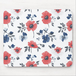 Watercolor Poppies Pattern – Red, Blue & White (2) Mouse Pad