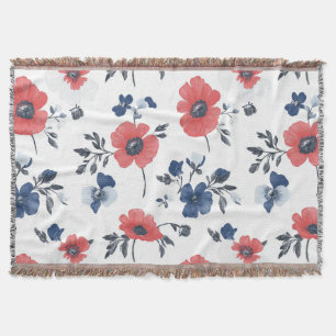 Watercolor Poppies Pattern – Red, Blue & White (2) Throw Blanket