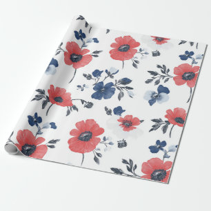 Watercolor Poppies Pattern – Red, Blue & White (2) Wrapping Paper