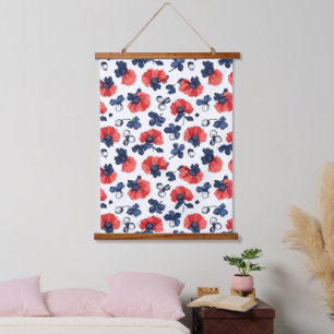 Watercolor Poppies Pattern – Red, Blue & White (3) Hanging Tapestry