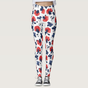 Watercolor Poppies Pattern – Red, Blue & White (3) Leggings