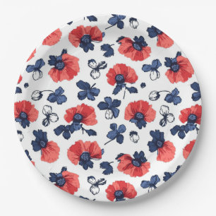 Watercolor Poppies Pattern – Red, Blue & White (3) Paper Plate