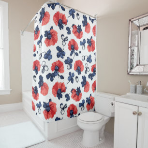 Watercolor Poppies Pattern – Red, Blue & White (3) Shower Curtain