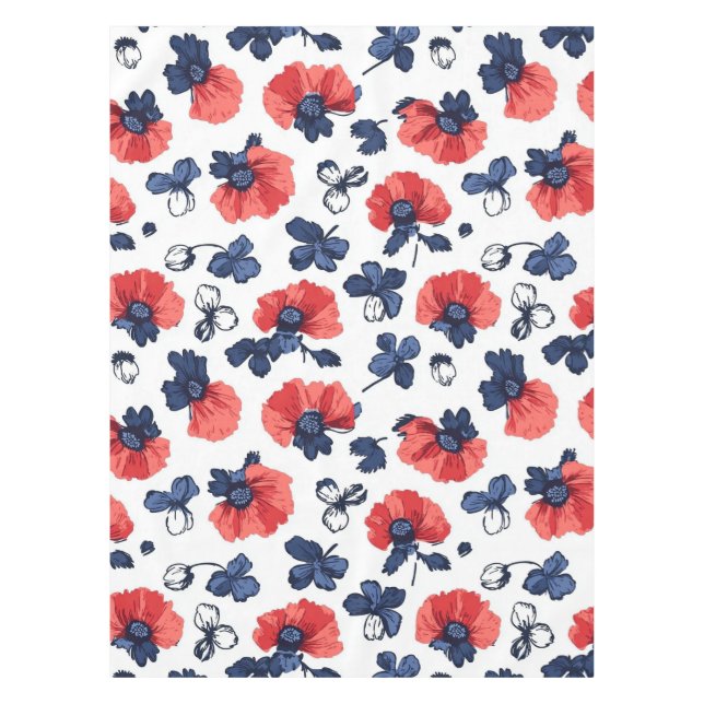 Watercolor Poppies Pattern – Red, Blue & White (3) Tablecloth (Front)