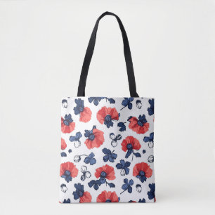 Watercolor Poppies Pattern – Red, Blue & White (3) Tote Bag