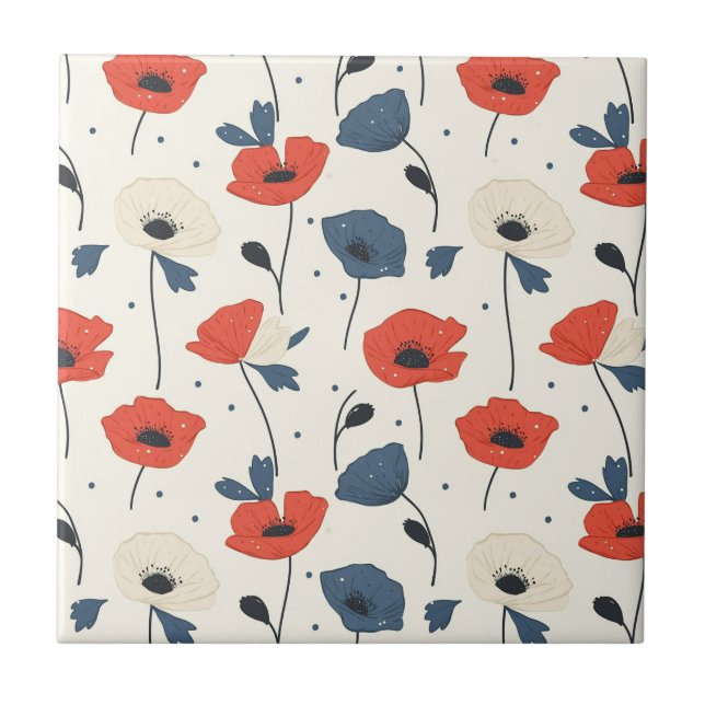 Watercolor Poppies Pattern – Red, Blue & White Ceramic Tile (Front)