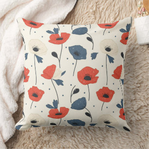 Watercolor Poppies Pattern – Red, Blue & White Cushion