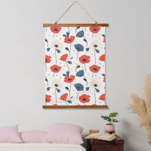 Watercolor Poppies Pattern – Red, Blue & White Hanging Tapestry