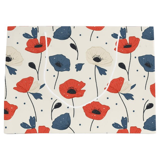 Watercolor Poppies Pattern – Red, Blue & White Large Gift Bag (Front)