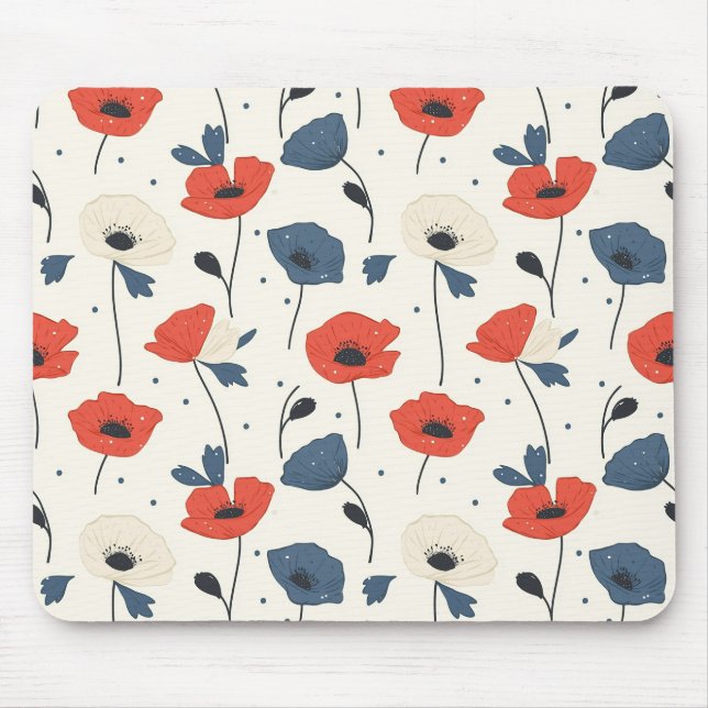 Watercolor Poppies Pattern – Red, Blue & White Mouse Pad (Front)