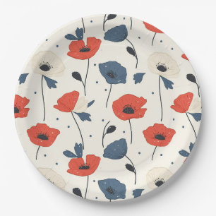 Watercolor Poppies Pattern – Red, Blue & White Paper Plate