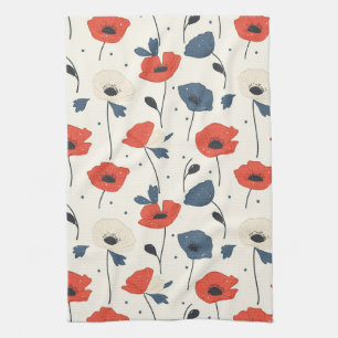 Watercolor Poppies Pattern – Red, Blue & White Tea Towel