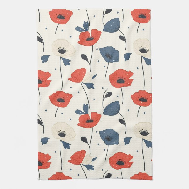 Watercolor Poppies Pattern – Red, Blue & White Tea Towel (Vertical)