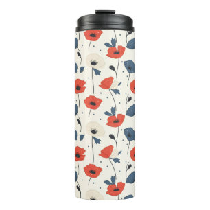Watercolor Poppies Pattern – Red, Blue & White Thermal Tumbler
