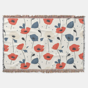 Watercolor Poppies Pattern – Red, Blue & White Throw Blanket