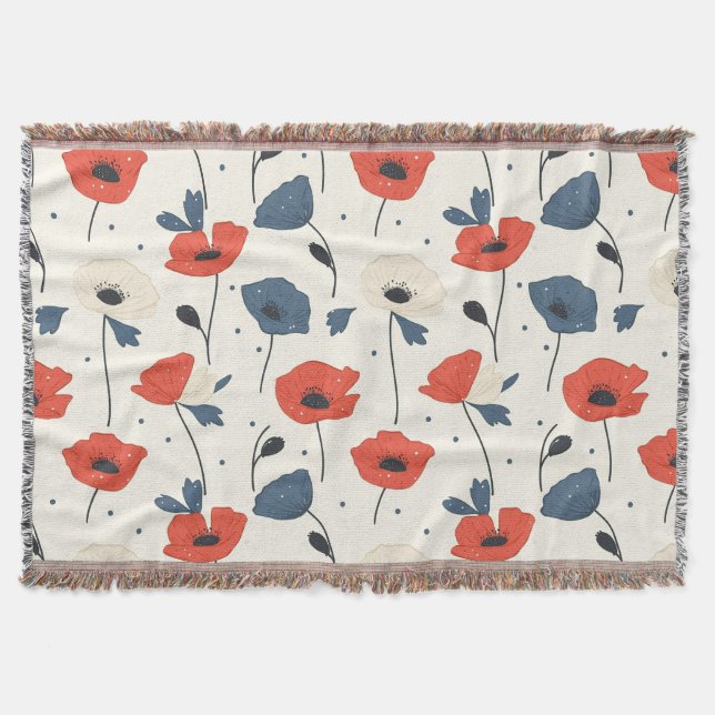 Watercolor Poppies Pattern – Red, Blue & White Throw Blanket (Front)