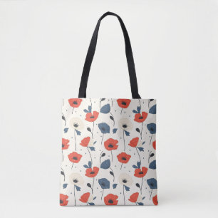 Watercolor Poppies Pattern – Red, Blue & White Tote Bag